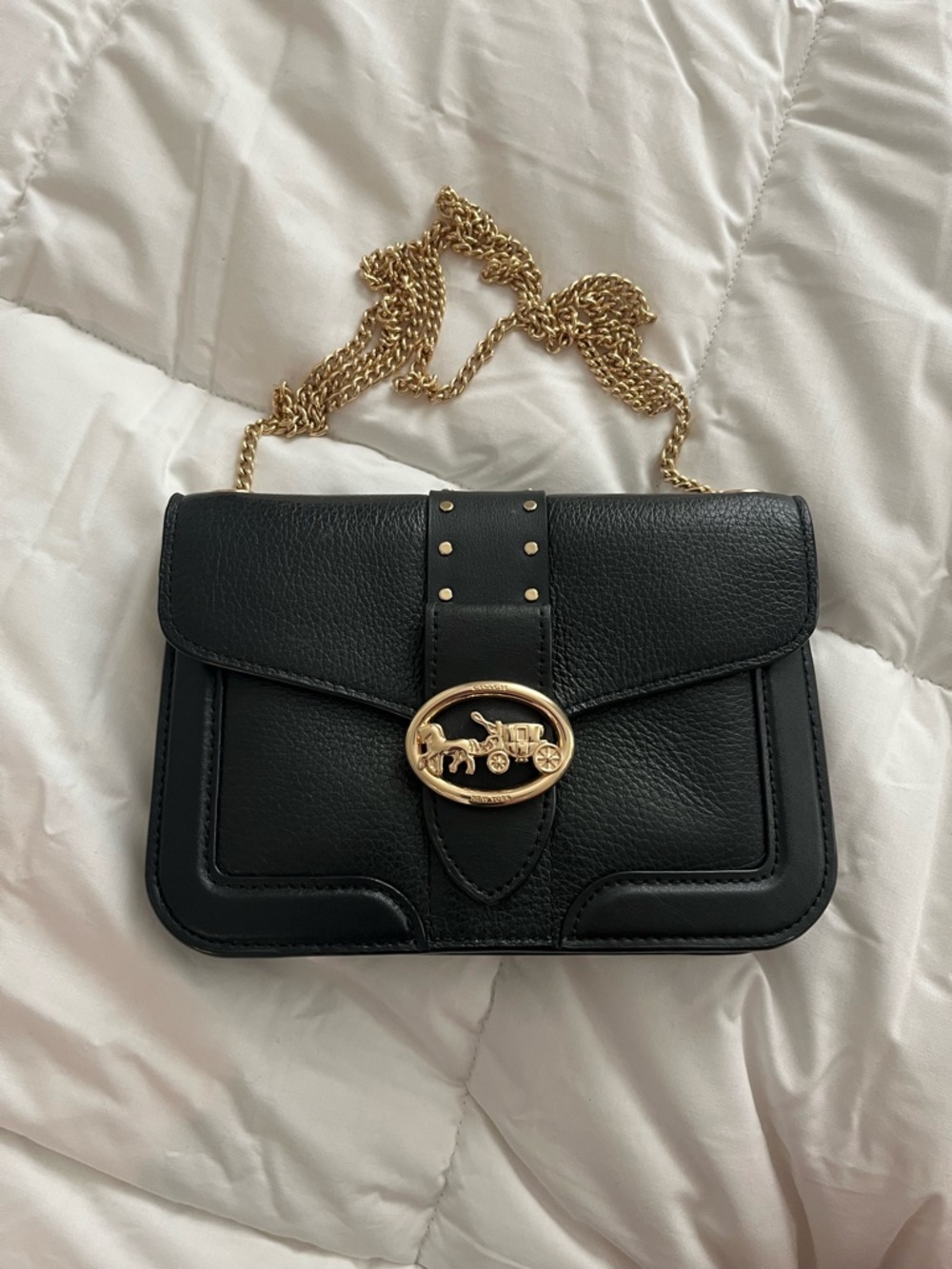 Black Leather Crossbody with Gold Chain and Horse Carriage Emblem